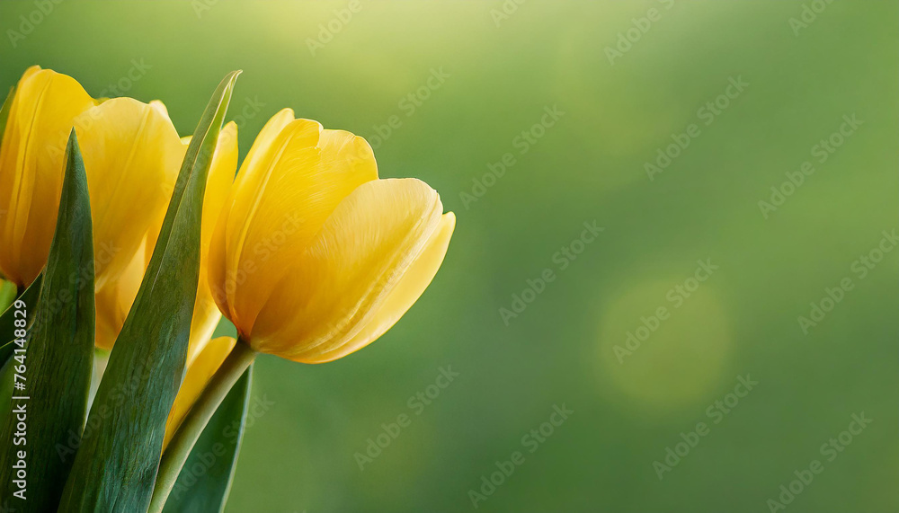 Naklejka premium Elegant yellow tulips. Cute flowers. Spring season. Beautiful floral banner with blurred green background