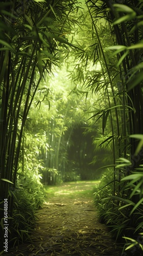 A path winds its way through a dense, vibrant green forest, surrounded by tall trees and lush vegetation. The sunlight filters through the canopy, creating dappled light on the forest floor.