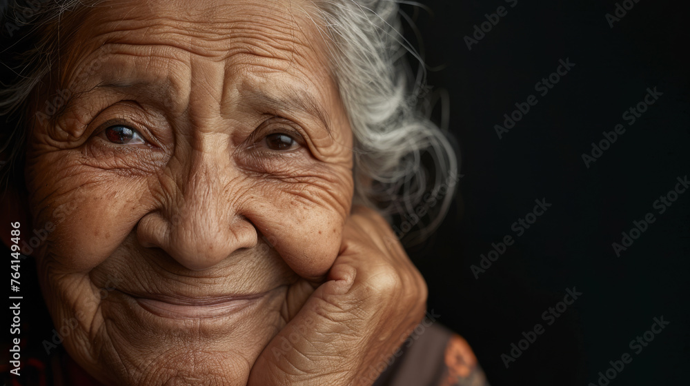 A radiant woman with a warm smile rests her face in her hands. A radiant woman with a warm smile rests her face in her hands.