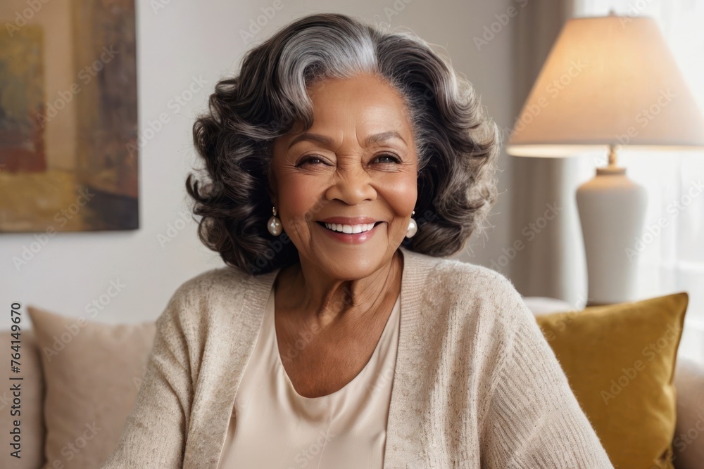 Portrait of beautiful smiling old black woman sitting at home. Generative AI Portrait of beautiful smiling old black woman sitting at home. Generative AI