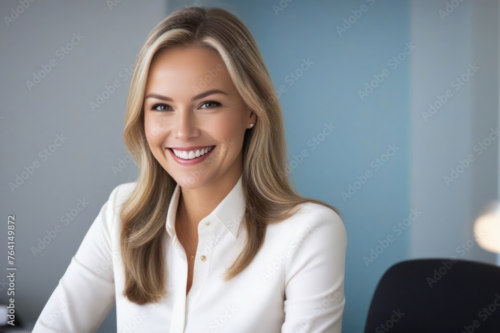 Business woman smiling and posing at the workplace. Successful happy elegant lady looking directly at the camera. Generative AI Business woman smiling and posing at the workplace. Successful happy elegant lady looking directly at the camera. Generative AI