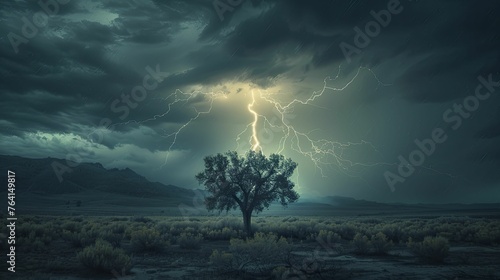 The dramatic sight of lightning striking in the distance, with a solitary tree in the foreground, illustrating nature's scale and fury. photo