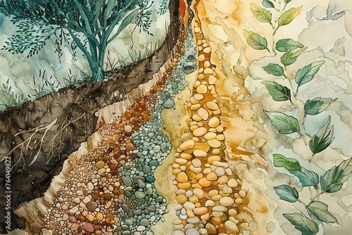 Watercolor depiction of the Parable of the Sower, showing different types of soil and the seeds' fates. photo