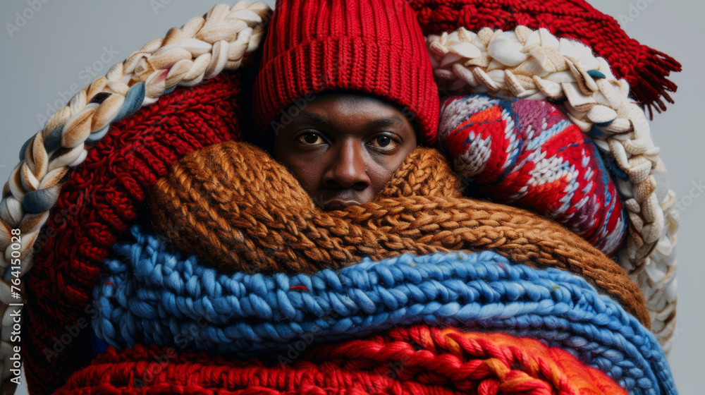 A person is enveloped in an array of chunky, colorful knitted scarves and wearing a red beanie. A person is enveloped in an array of chunky, colorful knitted scarves and wearing a red beanie.