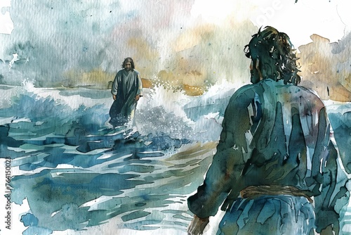Watercolor illustration of the moment of doubt by Peter as he walks on water towards Jesus Christ. photo