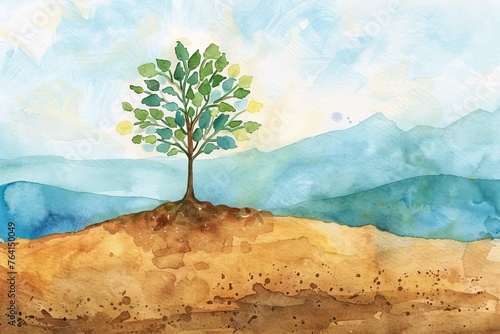 Watercolor illustration of the Parable of the Mustard Seed, depicting the growth of a tiny seed into a large tree. photo