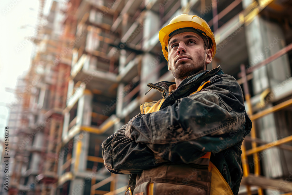 male builder in a helmet and uniform against the background of building a house male builder in a helmet and uniform against the background of building a house