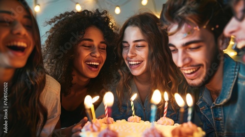 A group of people are gathered around a cake with lit candles, celebrating a birthday. The candles flicker as they sing happy birthday and prepare to blow out the candles. photo