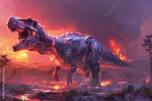 A large, ferocious dinosaur rampages through a forest against a fiery sky with lightning and a small figure in the foreground © weerasak