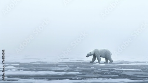 The ghostly quiet of an ice field, with a single polar bear traversing the endless white, emphasizing the scale of the Arctic wilderness.