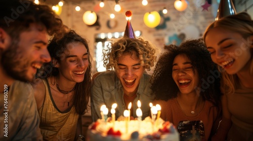 A group of friends gathered around a birthday cake, singing and clapping to celebrate a special occasion. The cake is lit with candles, and everyone looks joyful and festive. photo