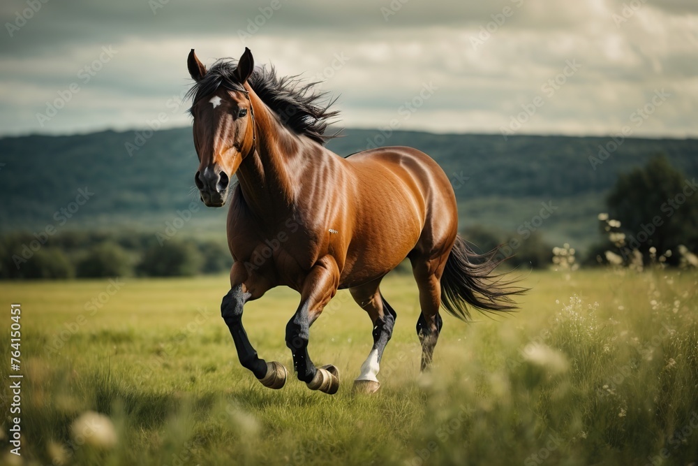bay horse running on a meadow bay horse running on a meadow