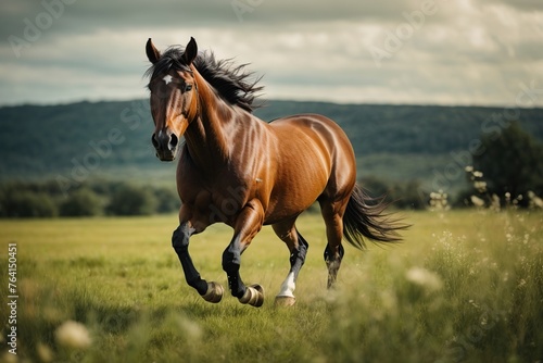 bay horse running on a meadow