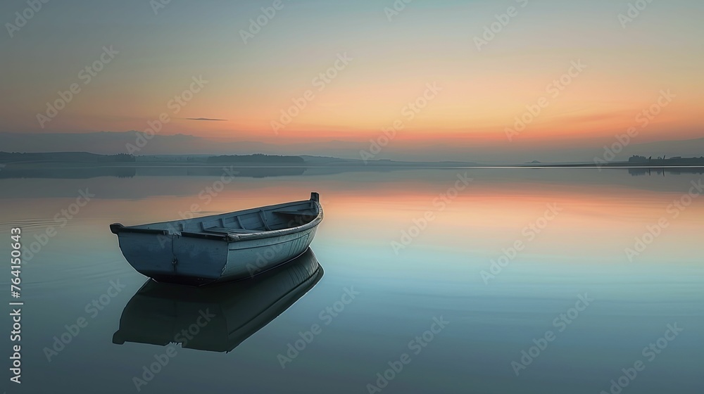 Behold the tranquil elegance of a lone boat adrift on the mirror-like waters of a vast, serene lake at dawn.