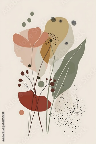 Naturalistic Flower Abstraction: Dotted Florals on Beige, Fluid Shapes, Earthy Color Palette