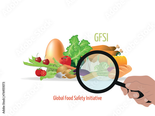 GFS.Global Food Safety Initiative.food in the center of the image and a hand with a magnifying glass symbolizing the necessary control.food safety concept.