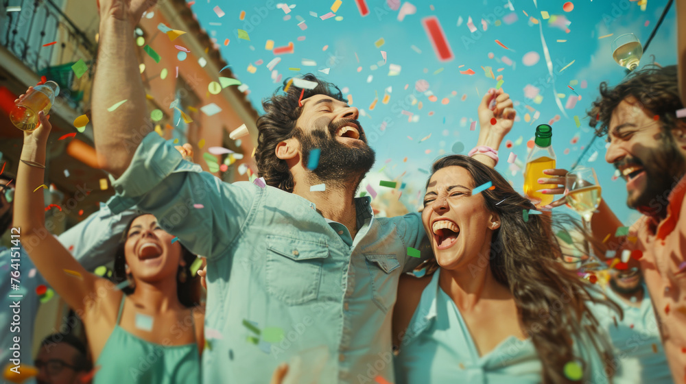 Exuberant friends are celebrating with confetti and laughter under the sun.