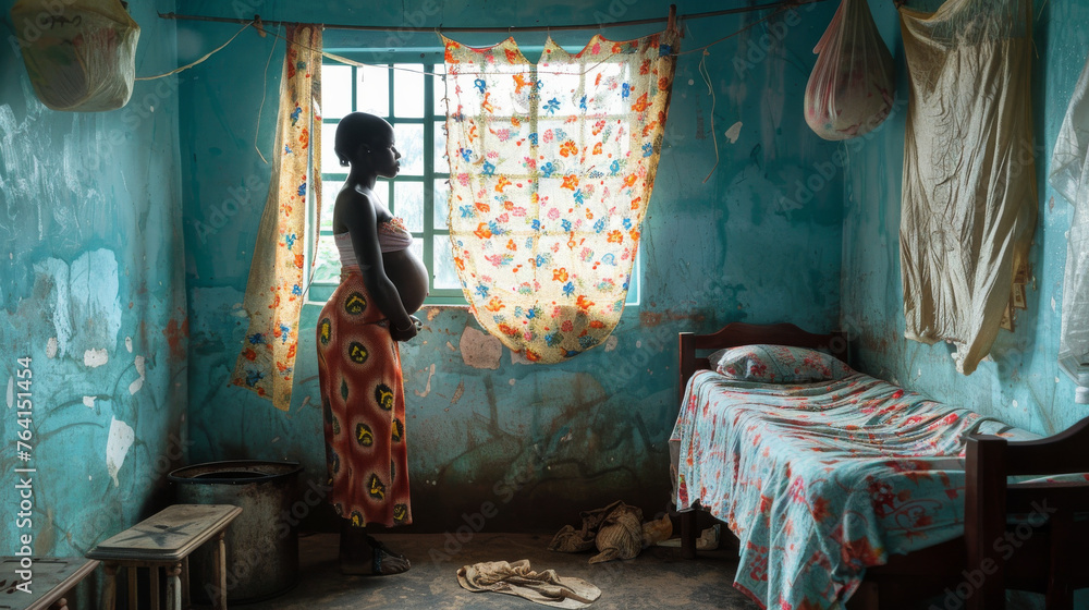 A woman is standing in a room with a bed and a window A woman is standing in a room with a bed and a window
