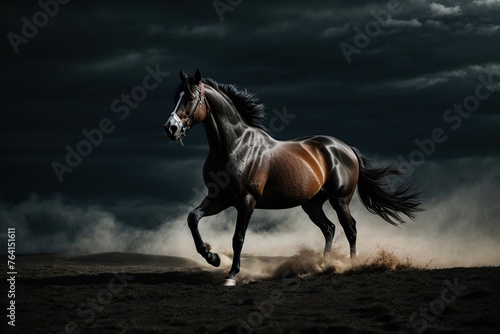 black horse runs on dark sky