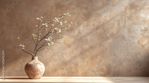 Fototapeta Naklejka Na Ścianę i Meble -  Interior background of room with brown stucco wall and vase with branch 3d rendering.