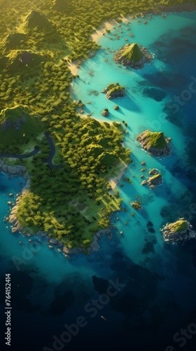 Generative AI Bird s eye view of tropical islands illuminated by the setting sun  highlighting palm-lined coastlines and glistening waters  creating a serene and picturesque scenery. photorealistic ep