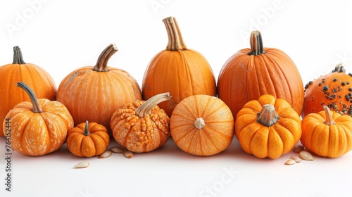 Bright orange pumpkins and butternut squash  their shapes and textures varied  arranged against a stark white background  heralding the warmth and richness of autumn harvests