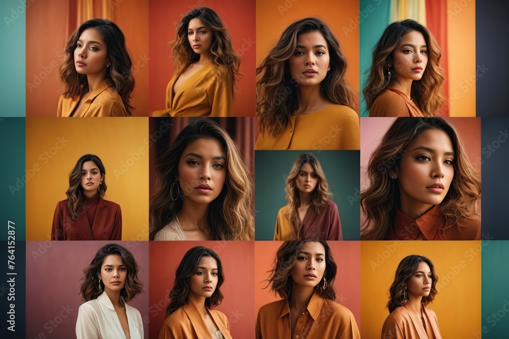 collage of beautiful women on color background