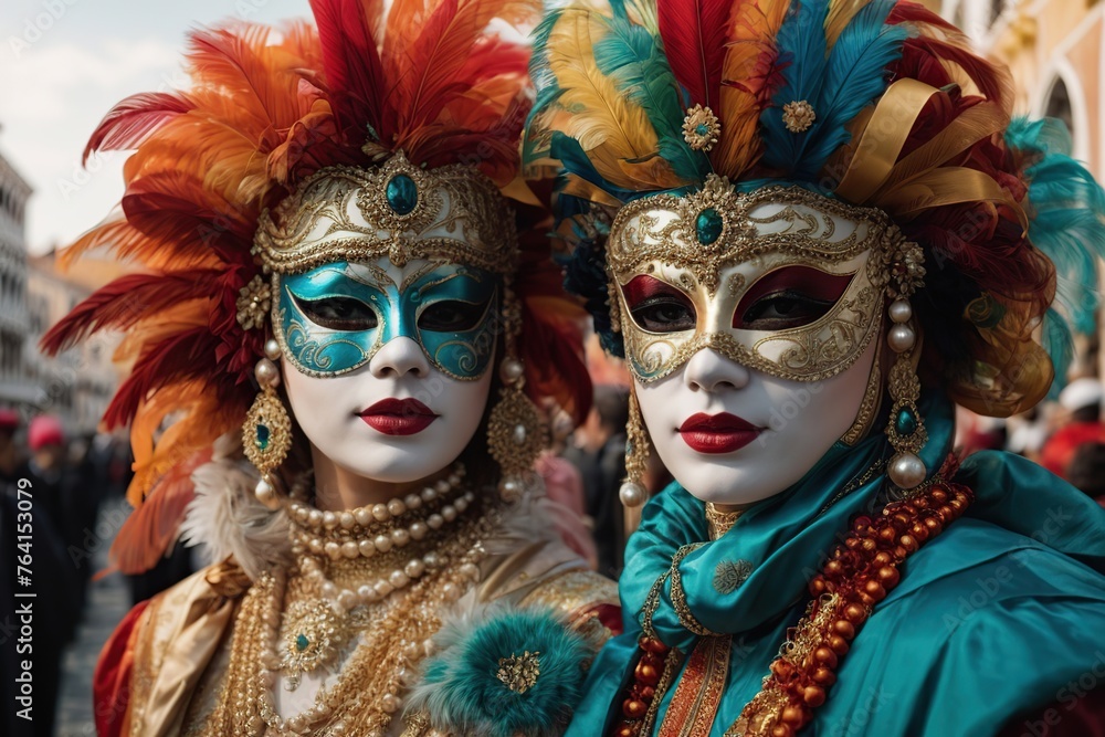 colorful carnival masks at a traditional festival in venice - obrazy, fototapety, plakaty 