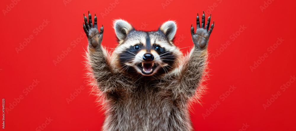 Fototapeta premium A raccoon on a red background with its paws raised in the air. The raccoon has a big smile on its face and he is happy. Excited raccoon with a big smile and arms raised in celebration on red