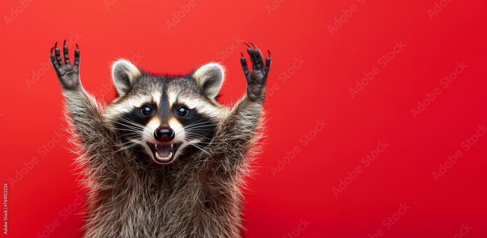 Fototapeta premium A raccoon on a red background with its paws raised in the air. The raccoon has a big smile on its face and he is happy. Excited raccoon with a big smile and arms raised in celebration on red