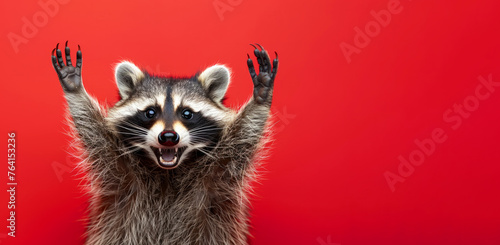 A raccoon on a red background with its paws raised in the air. The raccoon has a big smile on its face and he is happy. Excited raccoon with a big smile and arms raised in celebration on red photo