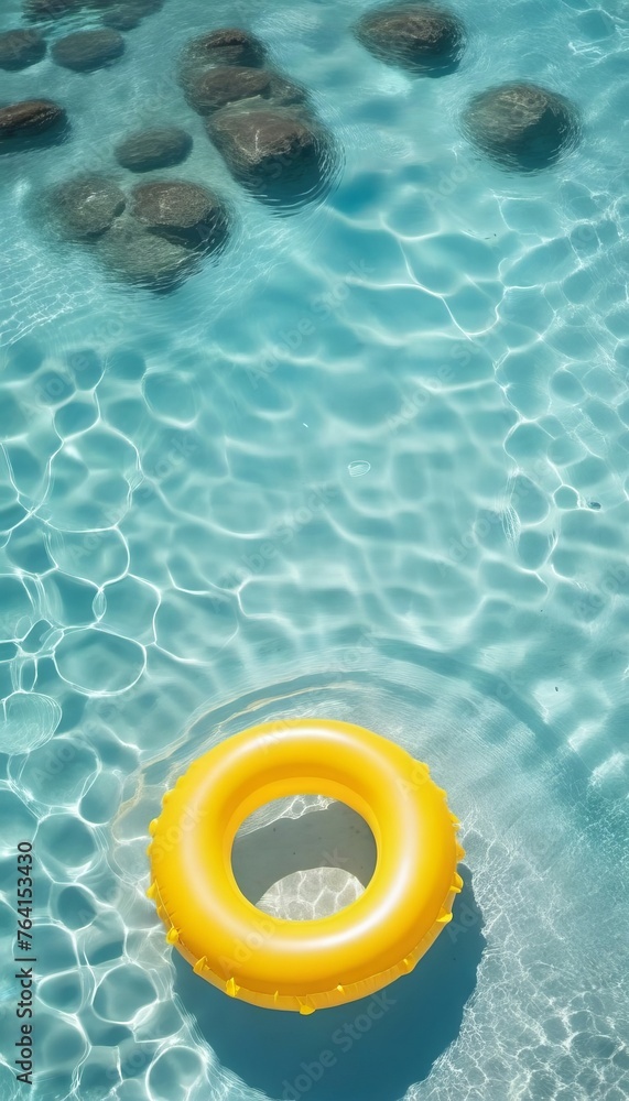 Naklejka premium Yellow inflatable ring on clear beautiful water. Summer time concept. Template, copy space, rest, vacation.