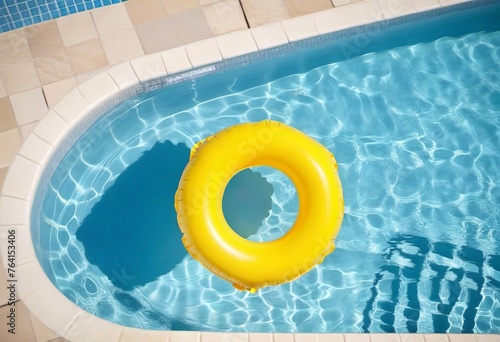 Yellow inflatable ring on clear beautiful water. Summer time concept. Template, copy space, rest, vacation. #764153406