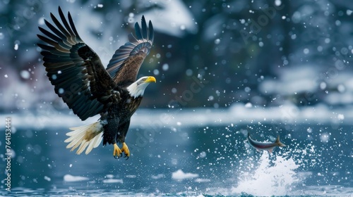 An American Bald Eagle is captured flying gracefully over a vast body of water. The eagles wings are outstretched as it glides effortlessly through the sky, with the shimmering water below reflecting 