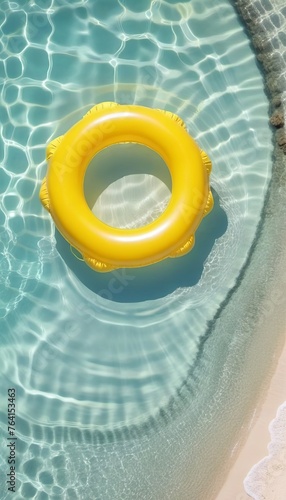 Yellow inflatable ring on clear beautiful water. Summer time concept. Template, copy space, rest, vacation. #764153463