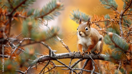 An American Red Squirrel is perched on a tree branch, displaying its iconic bushy tail and keen eyes. The squirrel seems alert and focused on its surroundings, showcasing its natural agility and curio photo