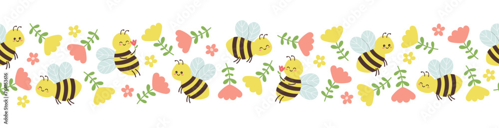 Seamless border of cute bees and flowers on white background. Template for postcard, card, print