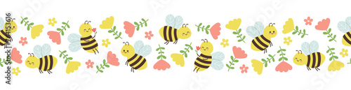 Seamless border of cute bees and flowers on white background. Template for postcard, card, print