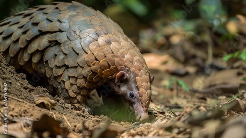 This close-up shot captures a Chinese Pangolin as it digs for food on the ground. The small animals scales and claws are visible as it searches for insects.