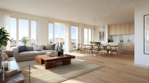 Interior design of modern scandinavian apartment  living room and dining room  panorama 3d rendering.