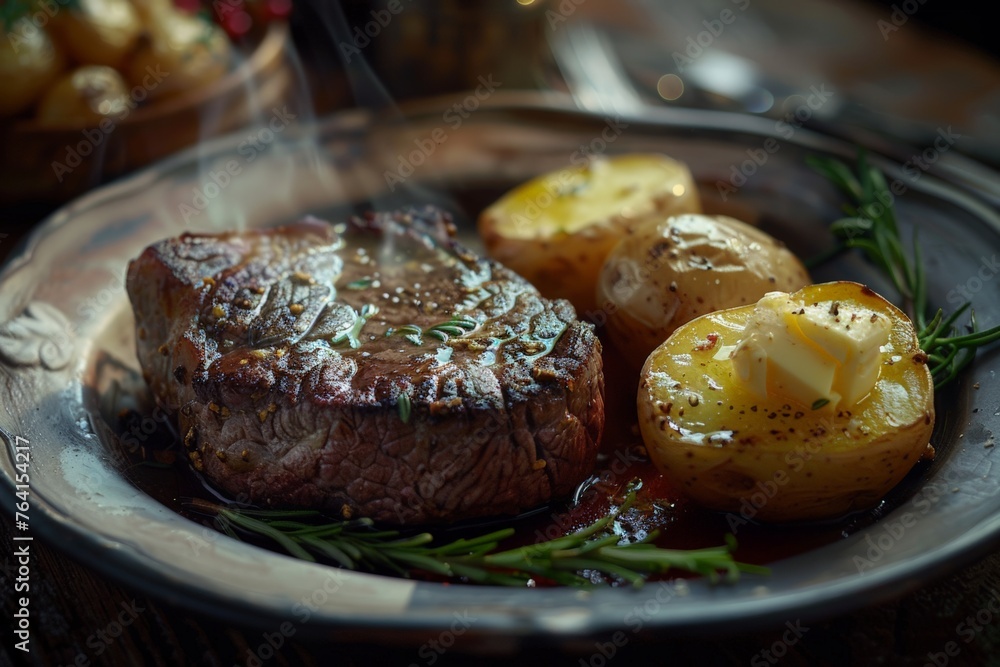 Beef Steak with butter baked potatoes, Sizzling fillet mignon with golden-buttered baby potatoes on rustic ceramic plate, garnished with rosemary sprigs. Charred steak resting beside halved, Beef Steak with butter baked potatoes, Sizzling fillet mignon with golden-buttered baby potatoes on rustic ceramic plate, garnished with rosemary sprigs. Charred steak resting beside halved,