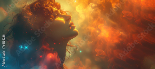 a woman's face in profile where she raised her head and looks up when everything around is in fire and smoke symbolizing her passion and energy, widescreen image banner