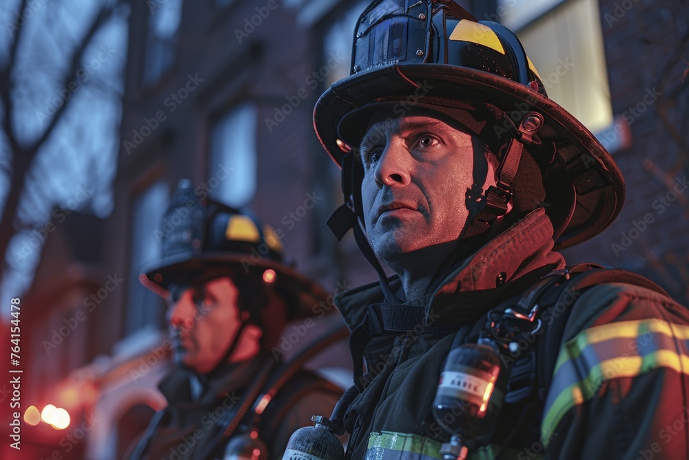 Firefighters in focus against twilight glow, gear-clad, vigilance etched on faces. Bravers of flame adorned in safety wear, alertness apparent, evening luminescence behind. Firefighters in focus against twilight glow, gear-clad, vigilance etched on faces. Bravers of flame adorned in safety wear, alertness apparent, evening luminescence behind.