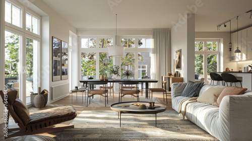 Interior design of modern scandinavian apartment, living room and dining room, panorama 3d rendering.