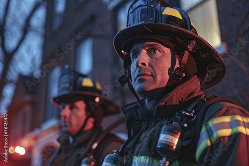 Firefighters in focus against twilight glow, gear-clad, vigilance etched on faces. Bravers of flame adorned in safety wear, alertness apparent, evening luminescence behind.