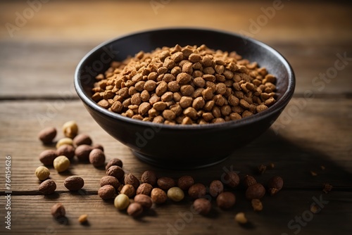 dry dog food in bowl on wooden background