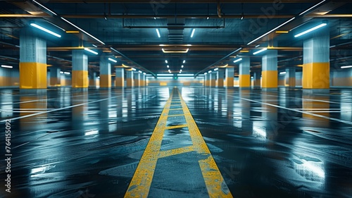 Empty parking garage with soft lighting and yellow lines