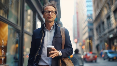 A man wearing glasses and a coat is walking down a city street holding a coffee cup. The scene is set in a busy urban environment with cars and other pedestrians. The man is in a hurry