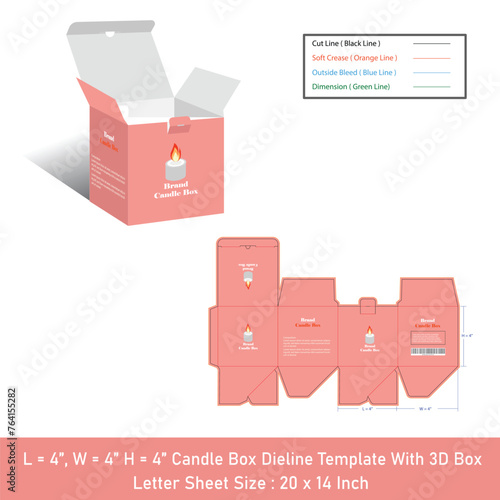 Candle Packaging box Size 4x4x4 inch dieline template, vector design (ID: 764155282)