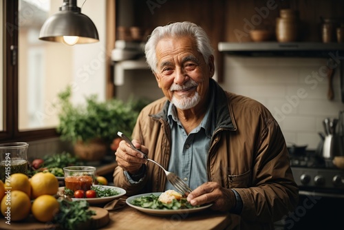 happy elderly man eating delicious food in kitchen